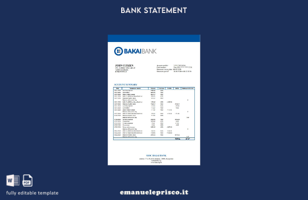 modello word di estratto conto bancario OJSC Bakai del Kirghizistan in stile ver